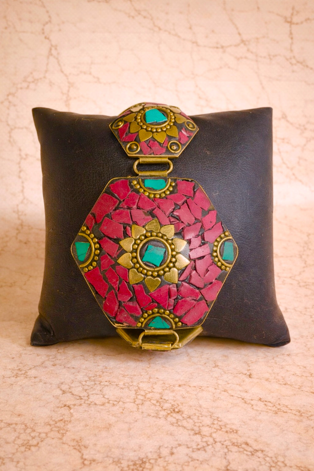 Hand-Inlaid Brass Mosaic Bracelet in Crimson and Turquoise