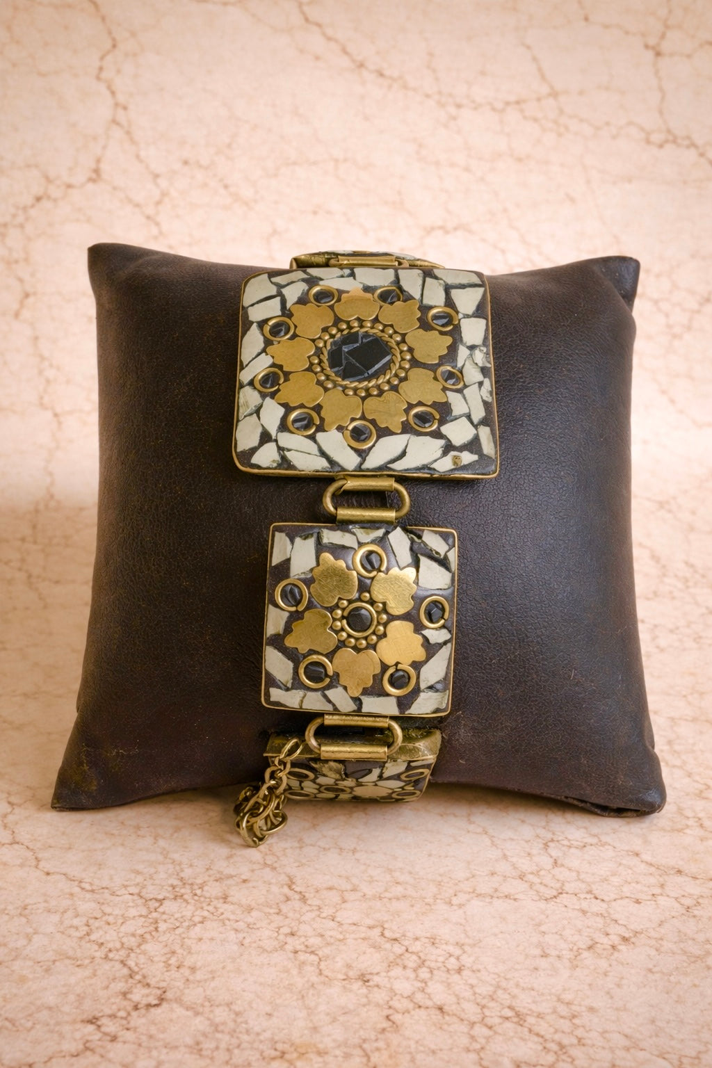 Hand-Inlaid Brass Mosaic Bracelet with Onyx-Toned Center