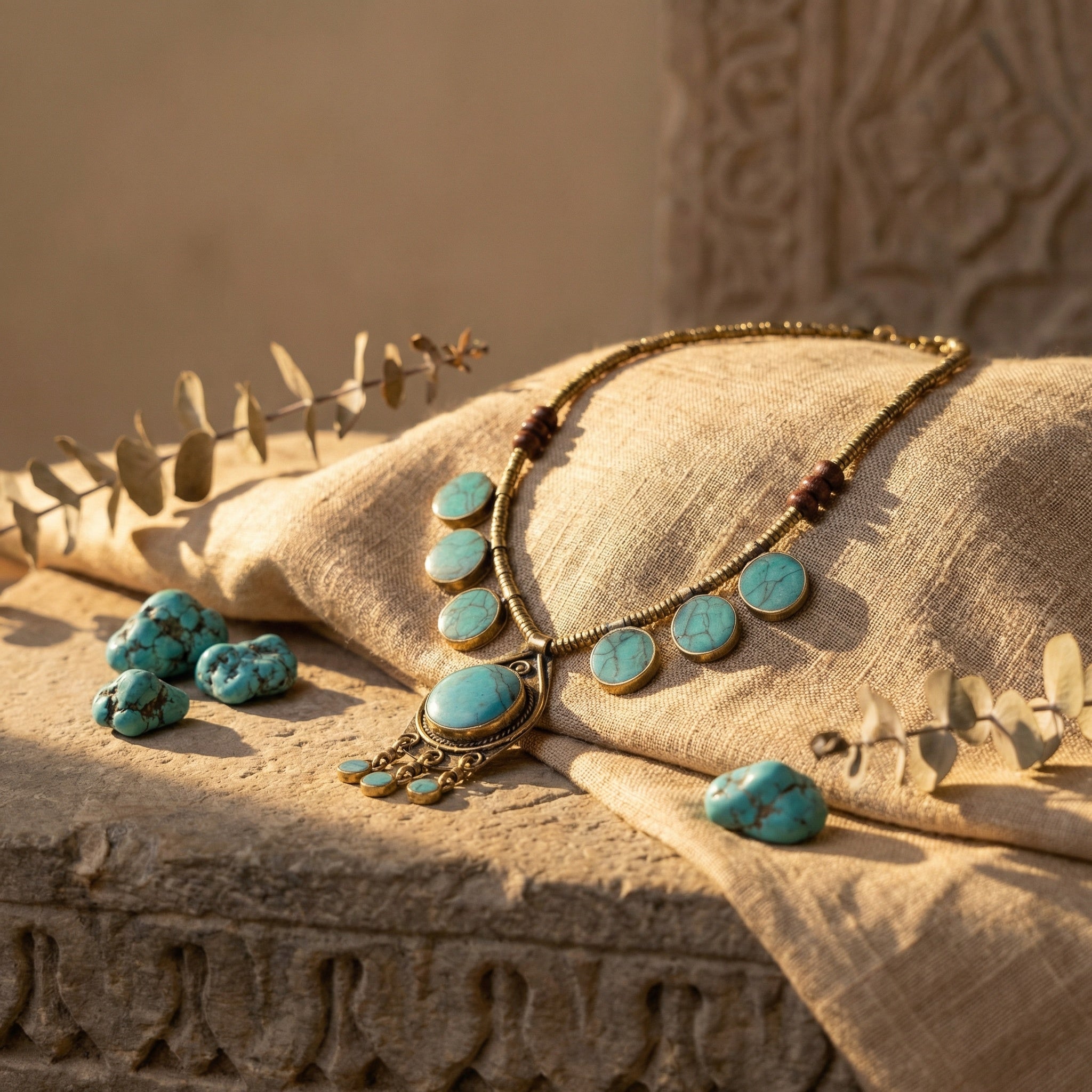 Turquoise necklace with stones on a textured surface