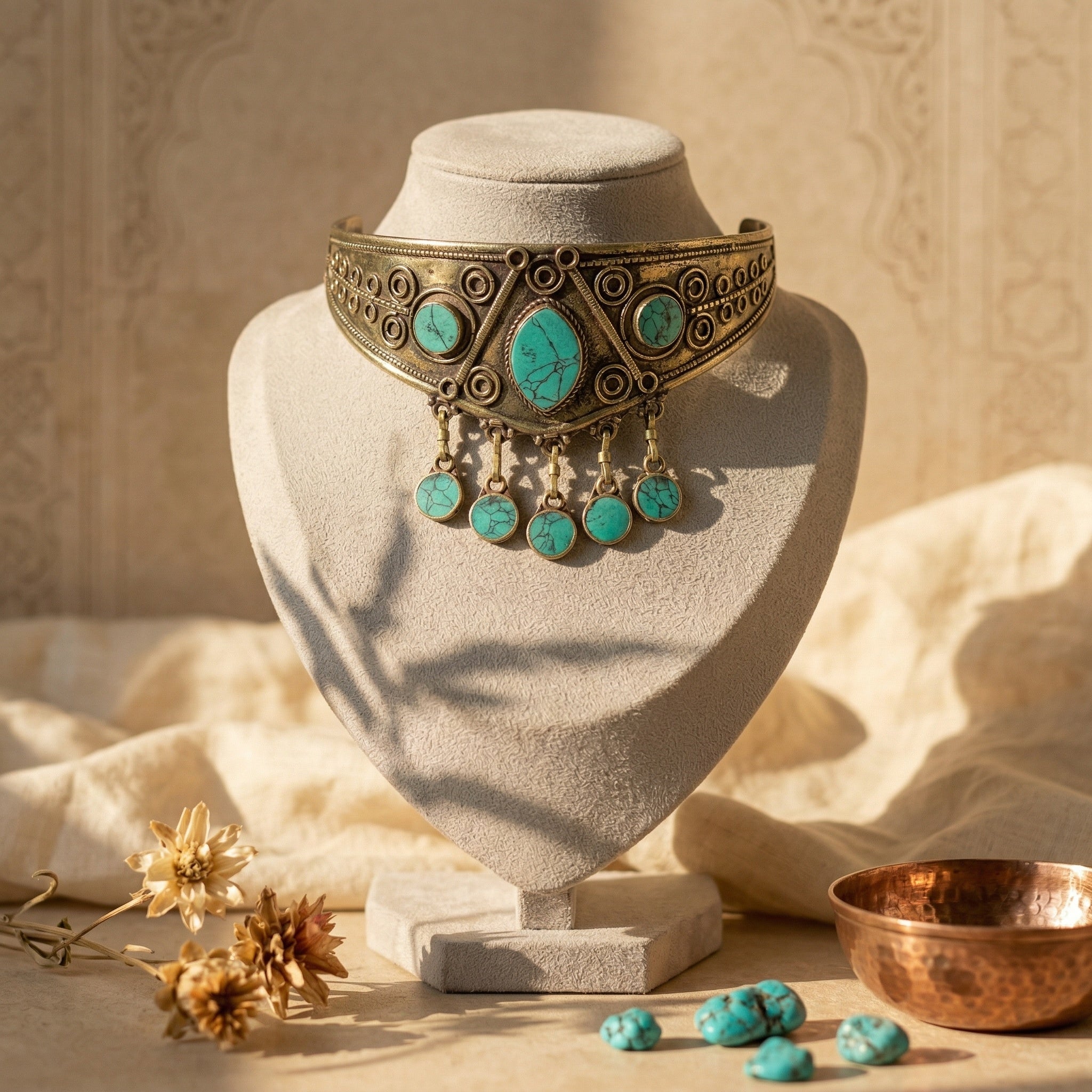 Decorative choker with turquoise stones on a mannequin bust against a neutral background
