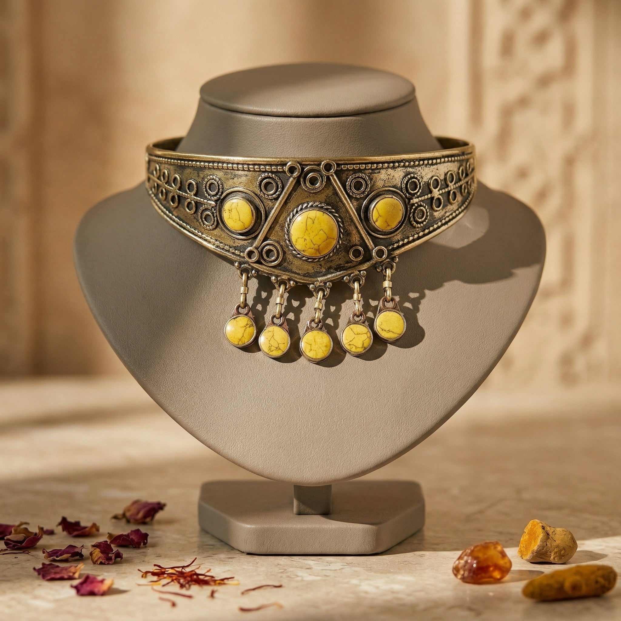 Yellow Choker on a beige mannequin bust on a marble counter with dried flowers for decoration.