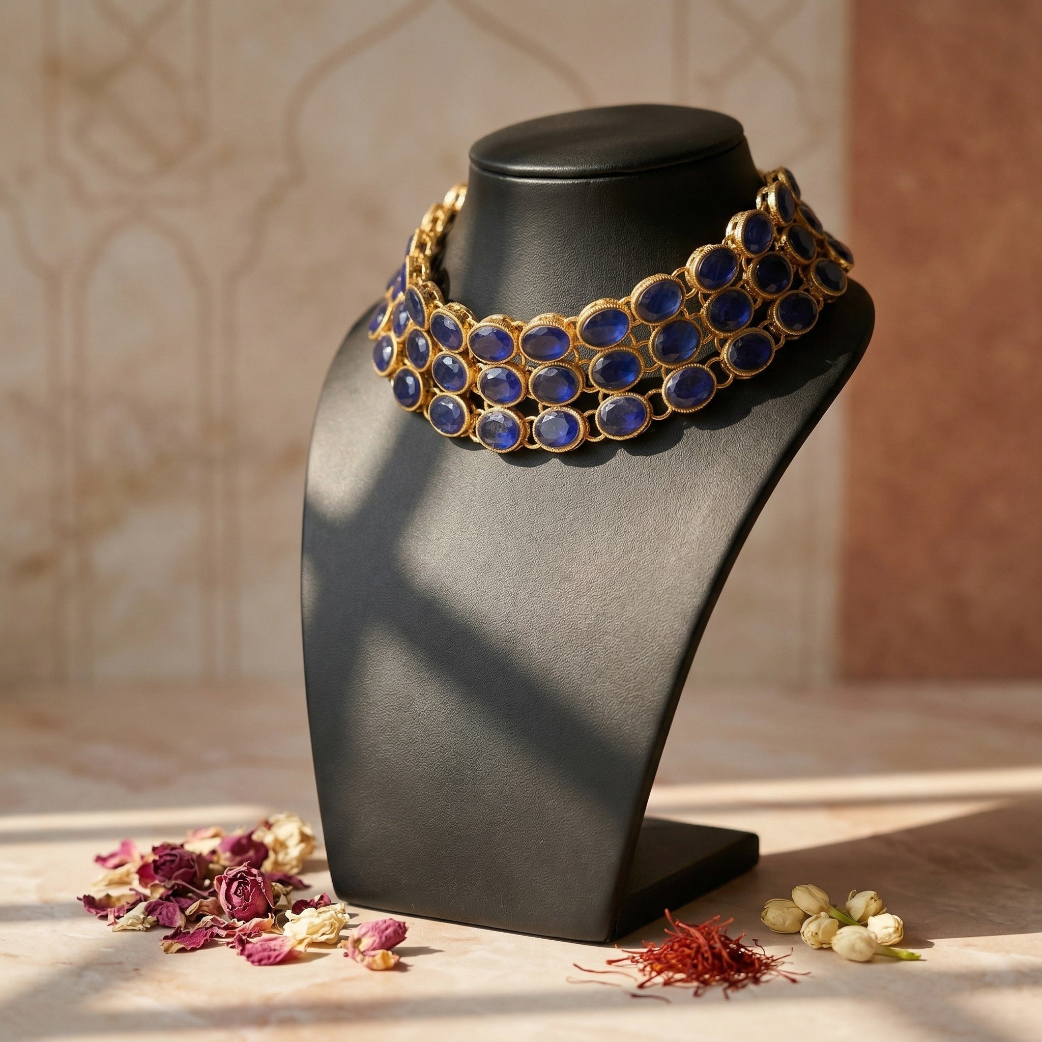 Gold and blue beaded necklace/choker on a black mannequin bust with dried flowers on a wooden surface.