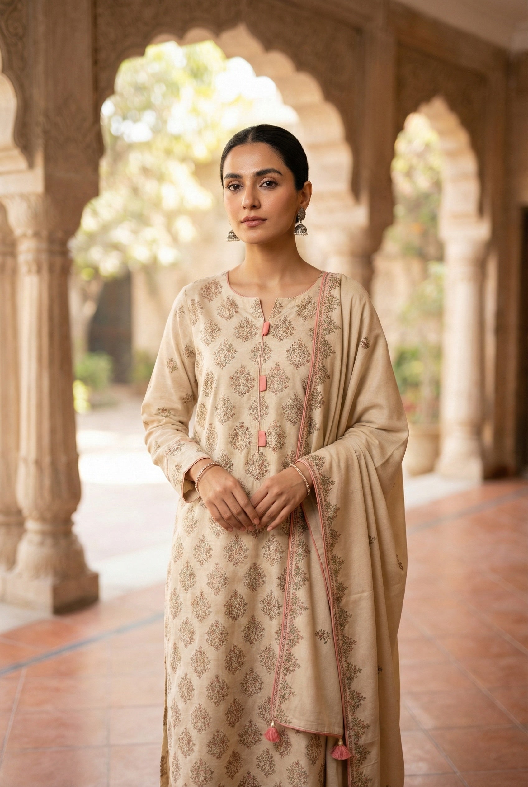 Woman in a traditional outfit standing in an architectural setting with columns and plants.