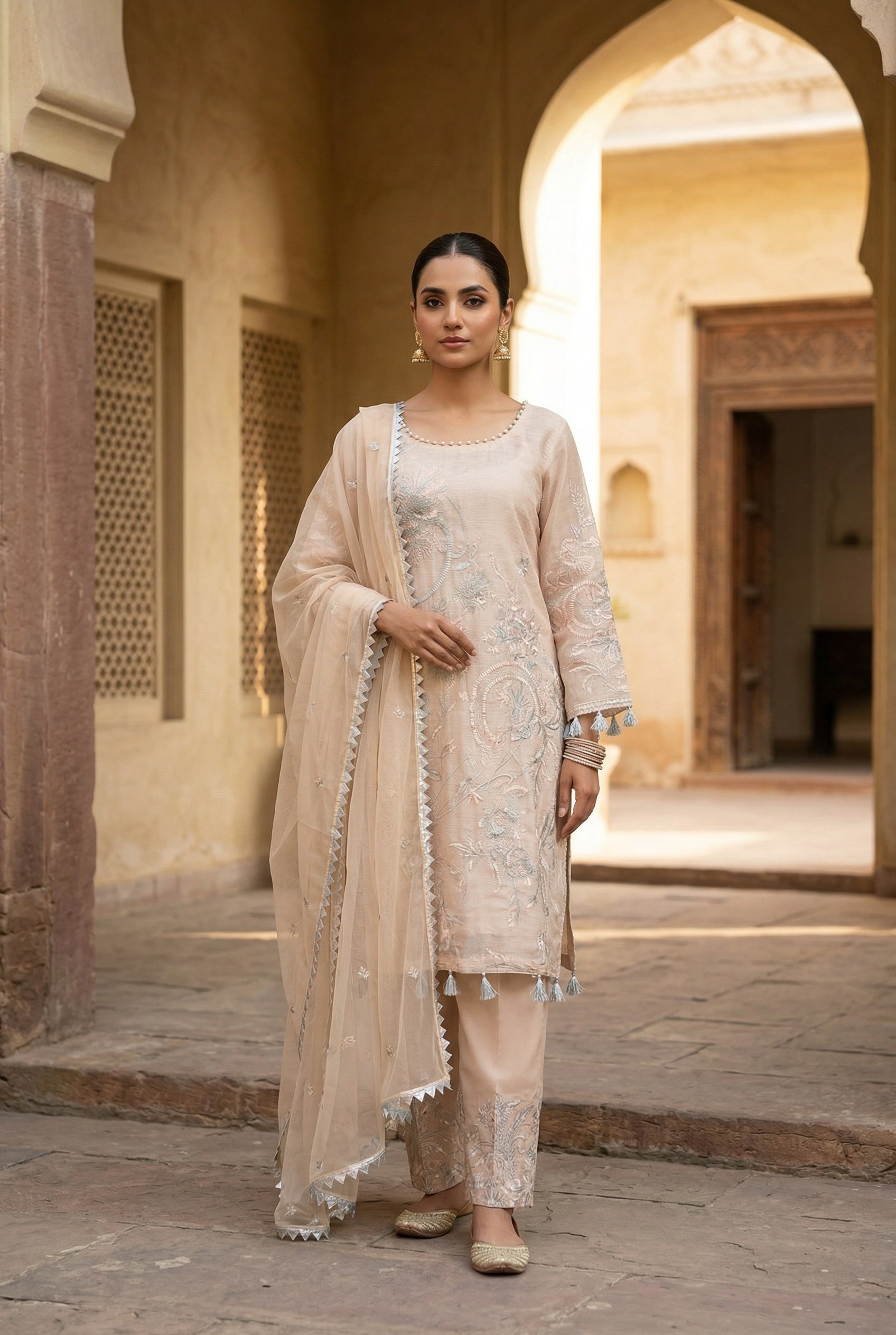 Woman in traditional beige outfit standing in a sunlit courtyard with arches.