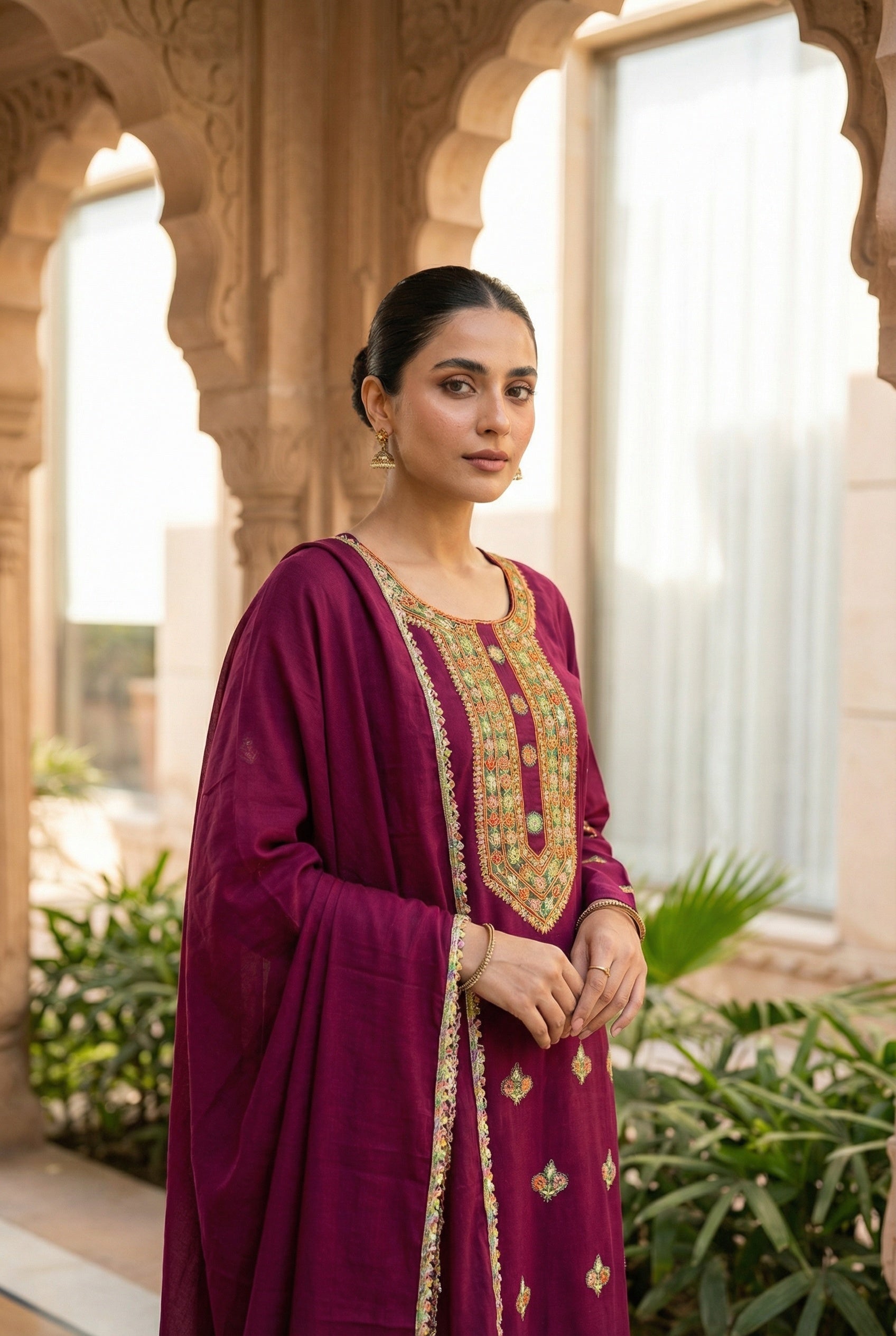 Woman in a traditional maroon outfit with gold embroidery standing in an outdoor setting with arches and plants.