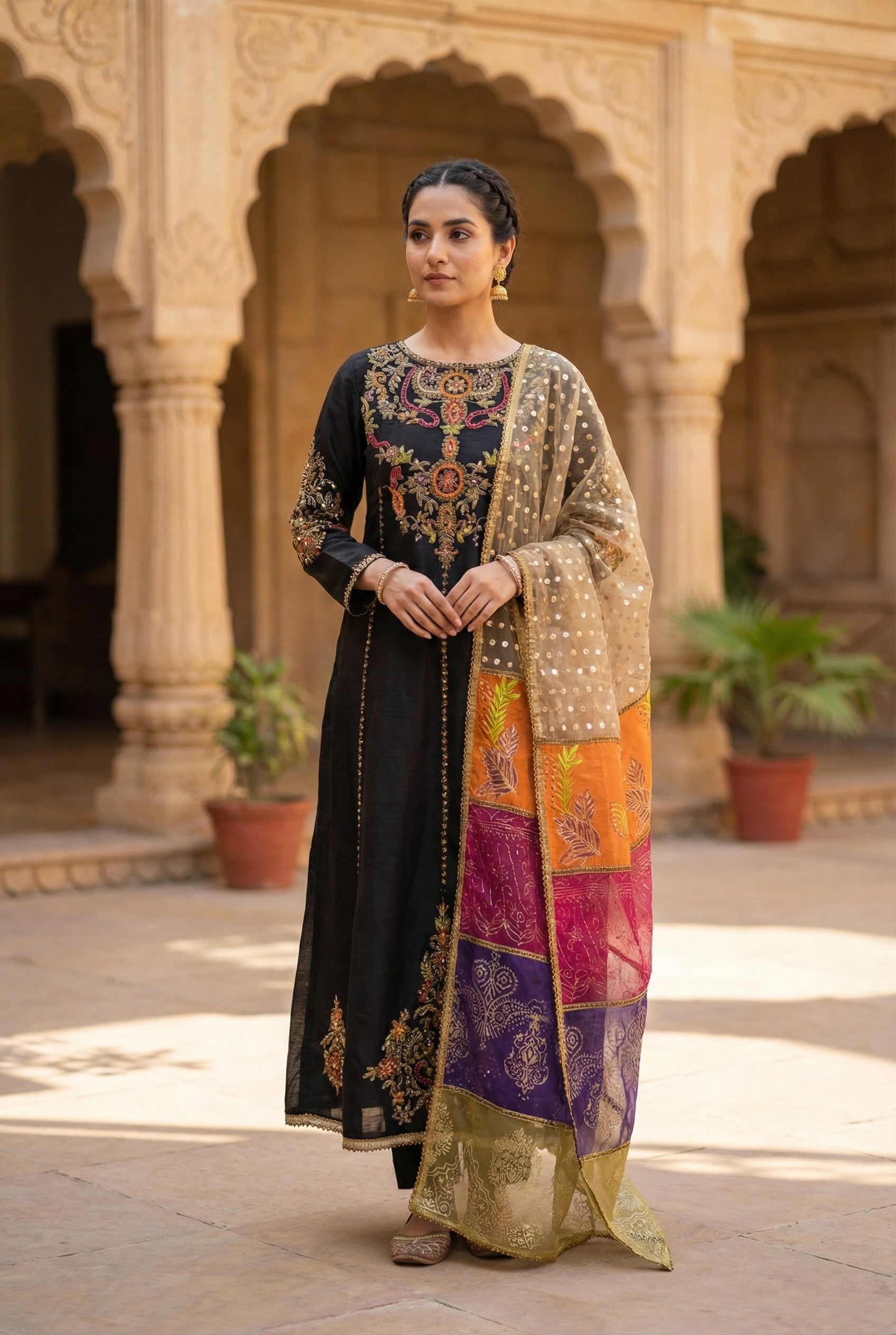 Woman in traditional embroidered outfit standing in a courtyard with arches and plants.