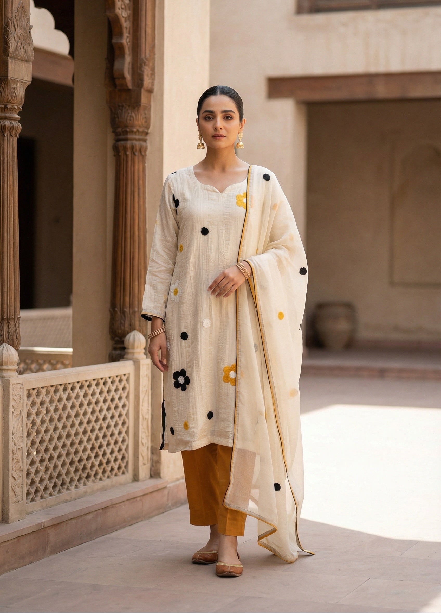 Woman in traditional outfit standing in a sunlit courtyard with architectural elements.