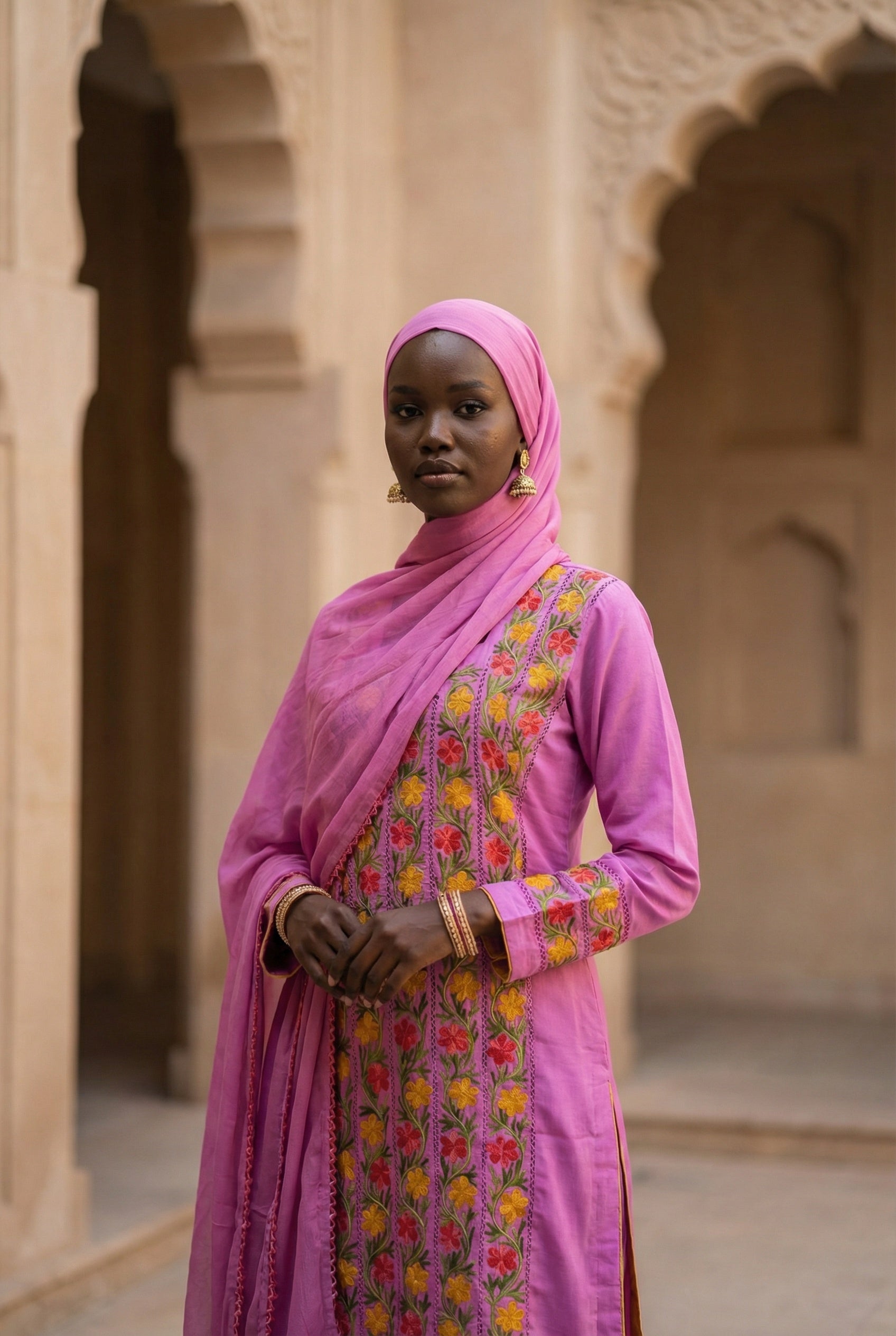 Woman in a pink traditional outfit with floral patterns standing in an architectural setting.