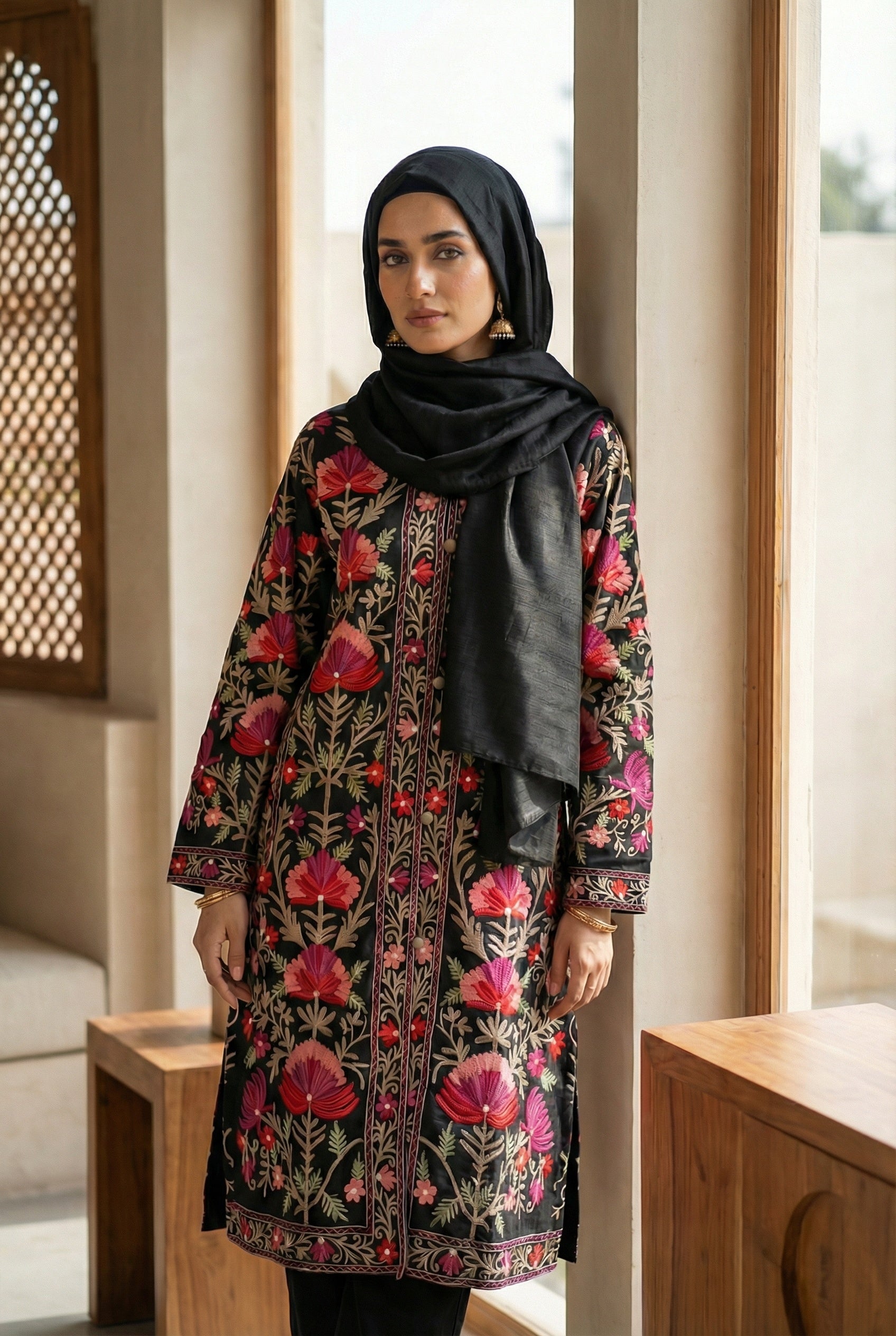 Raat-e-Gulnaar floral embroidered Kashmiri coat in rich jewel tones for weddings and festive occasions - Ahmad K Collections