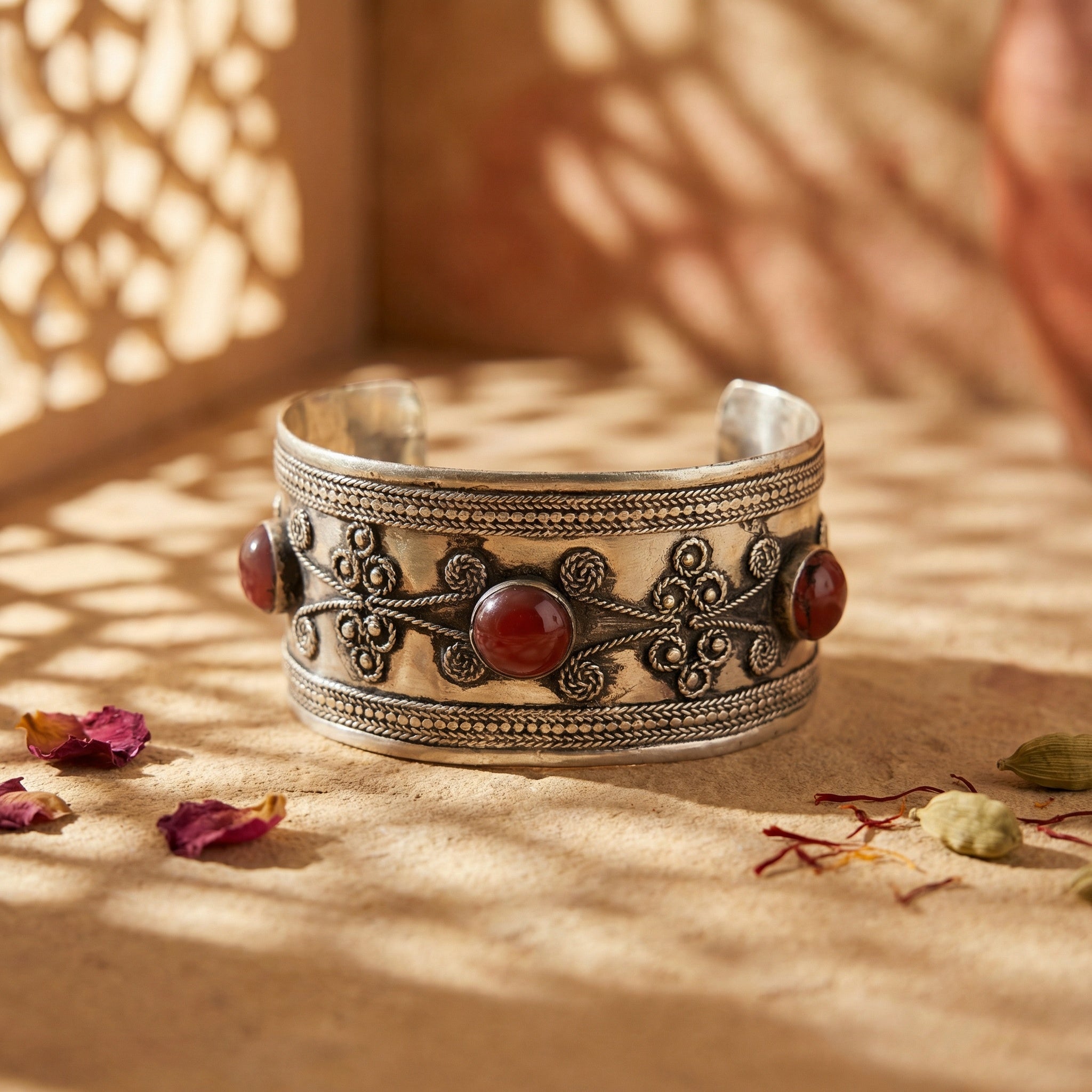 Decorative silver bracelet cuff with red stones on a textured surface with natural light