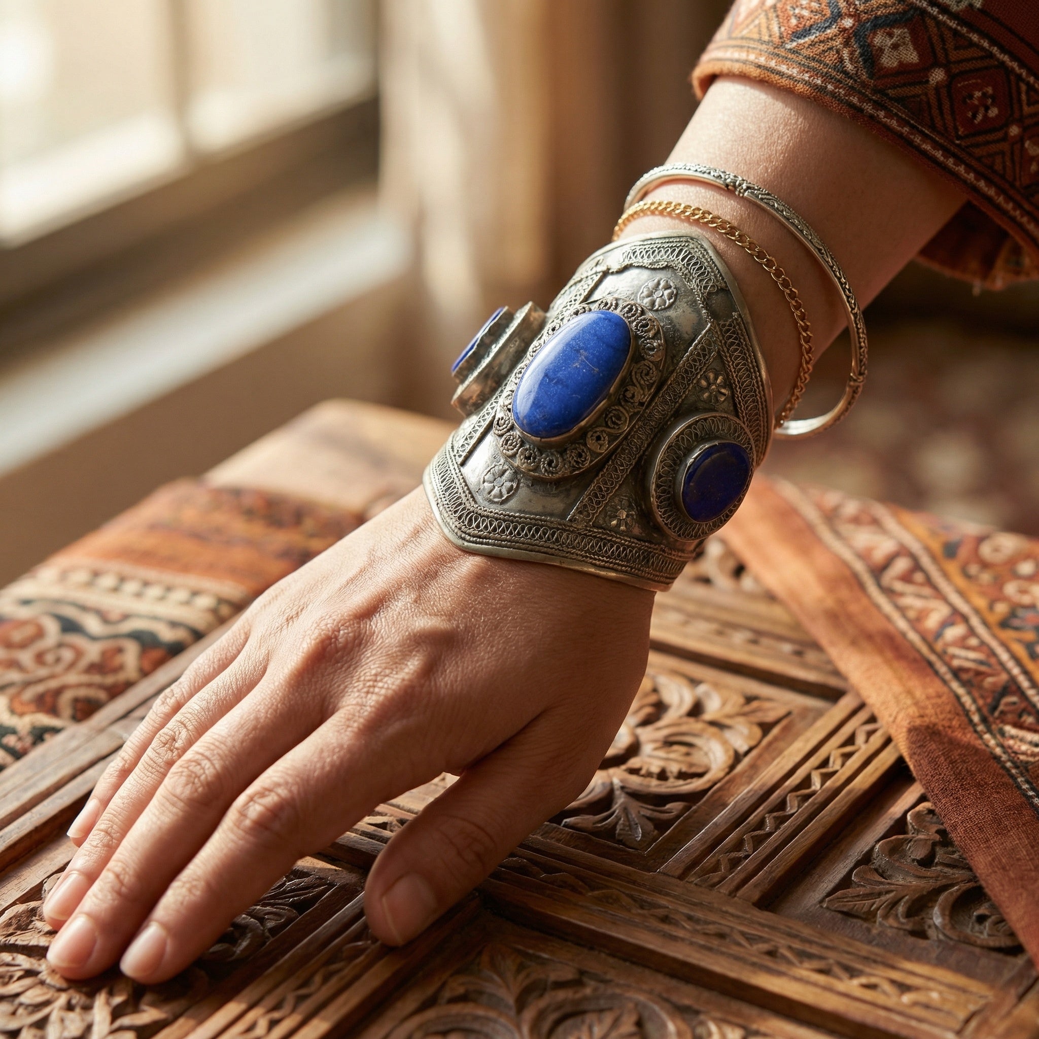 Hand wearing an silver cuff with blue stones on a wooden engraved surface.