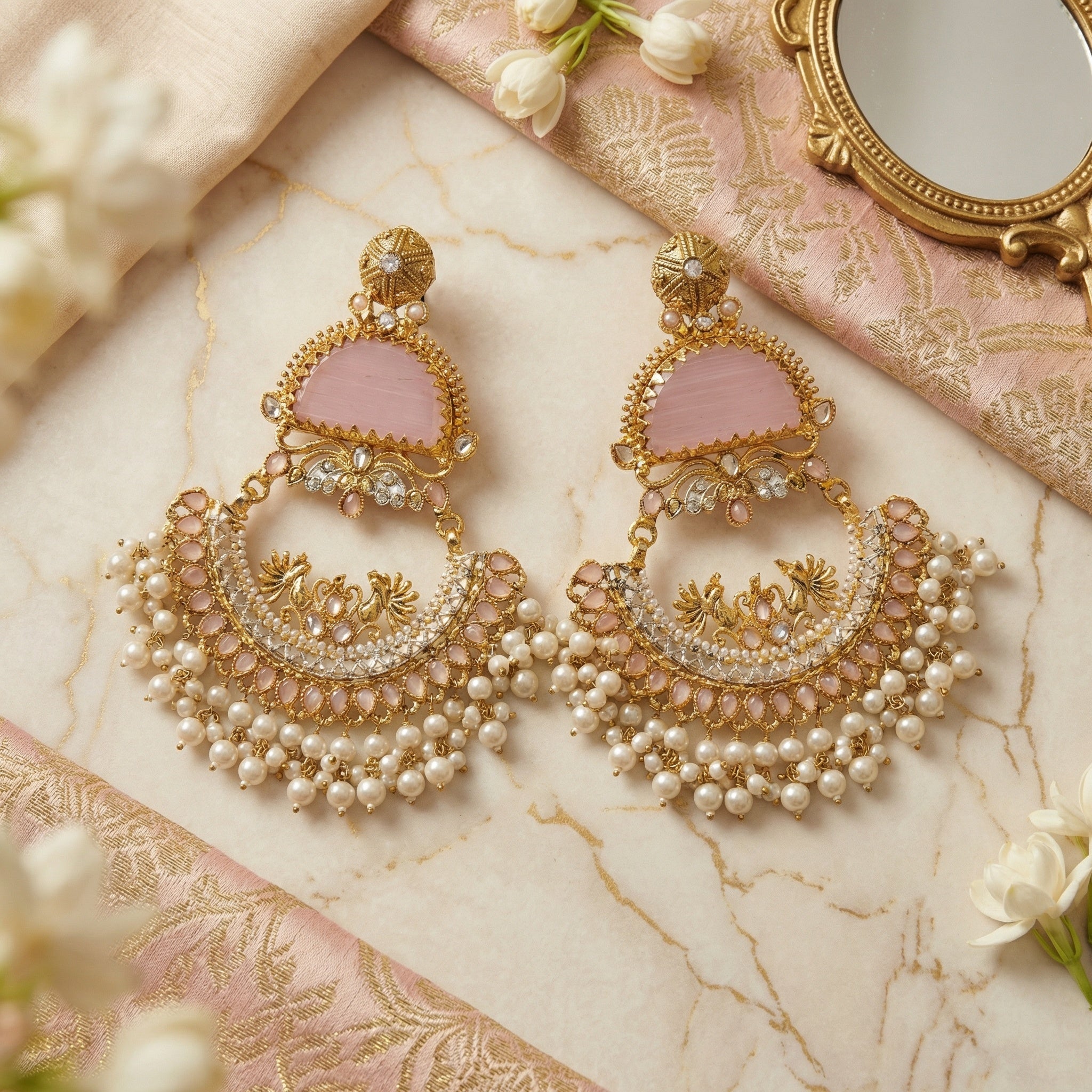 Ornate gold and pearl earrings on a decorative surface with flowers and a mirror.