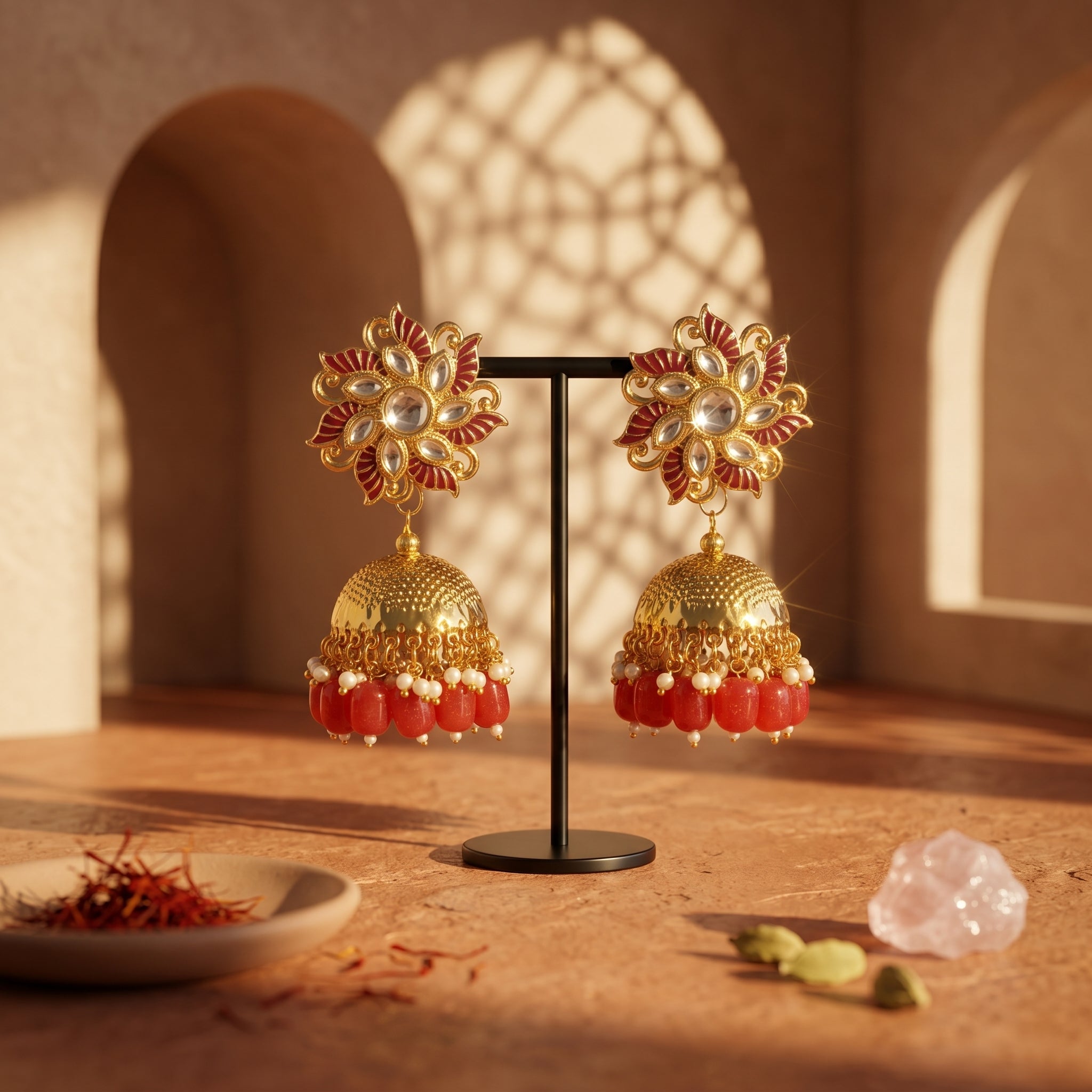 Gulzar Noor luminous desi jhumka earrings with gold detailing for Eid, mehndi and bridal wear - Ahmad K Collections