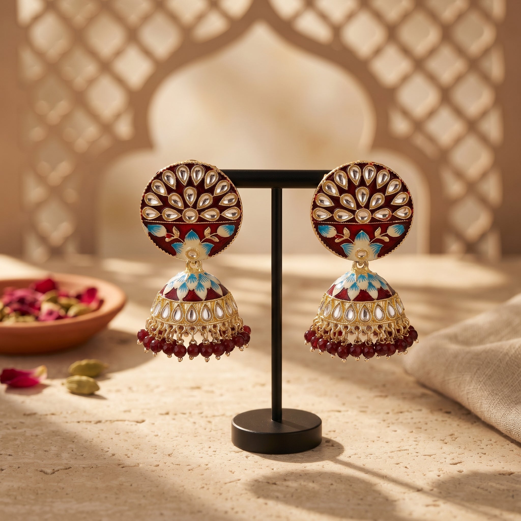 Shahi Gulnaar royal desi jhumka earrings with ornate gold detailing for weddings and festive occasions - Ahmad K Collections