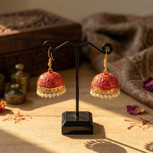 Laal Sitara red gemstone star-inspired jhumka earrings in gold for Eid and festive occasions - Ahmad K Collections