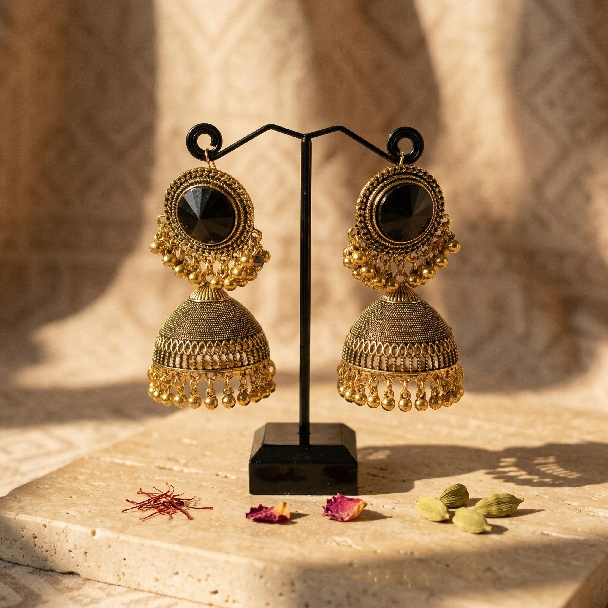 Noor-e-Siyah black and gold jhumka earrings with elegant desi detailing for Eid and evening occasions - Ahmad K Collections