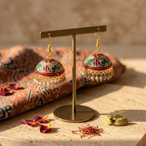 Gul Rang floral multicolor jhumka earrings in gold with vibrant gemstone accents for Eid and festive occasions - Ahmad K Collections