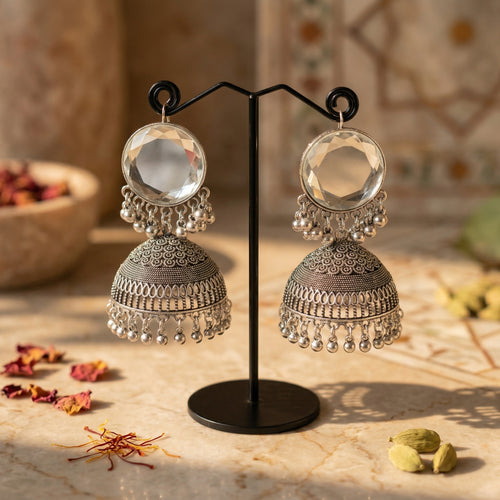 Chand Noor crescent-inspired gold jhumka earrings with desi craftsmanship for Eid and festive wear - Ahmad K Collections