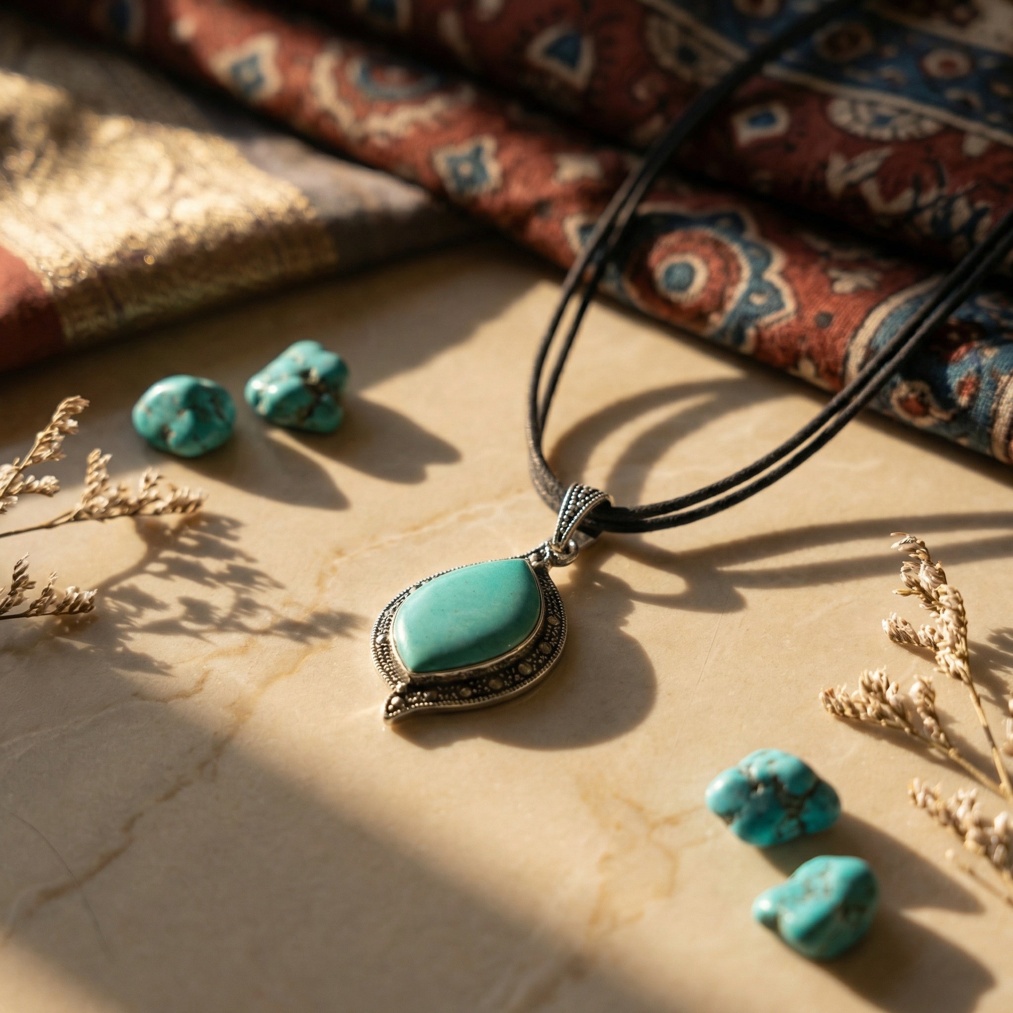 Turquoise pendant necklace with matching earrings on a textured surface