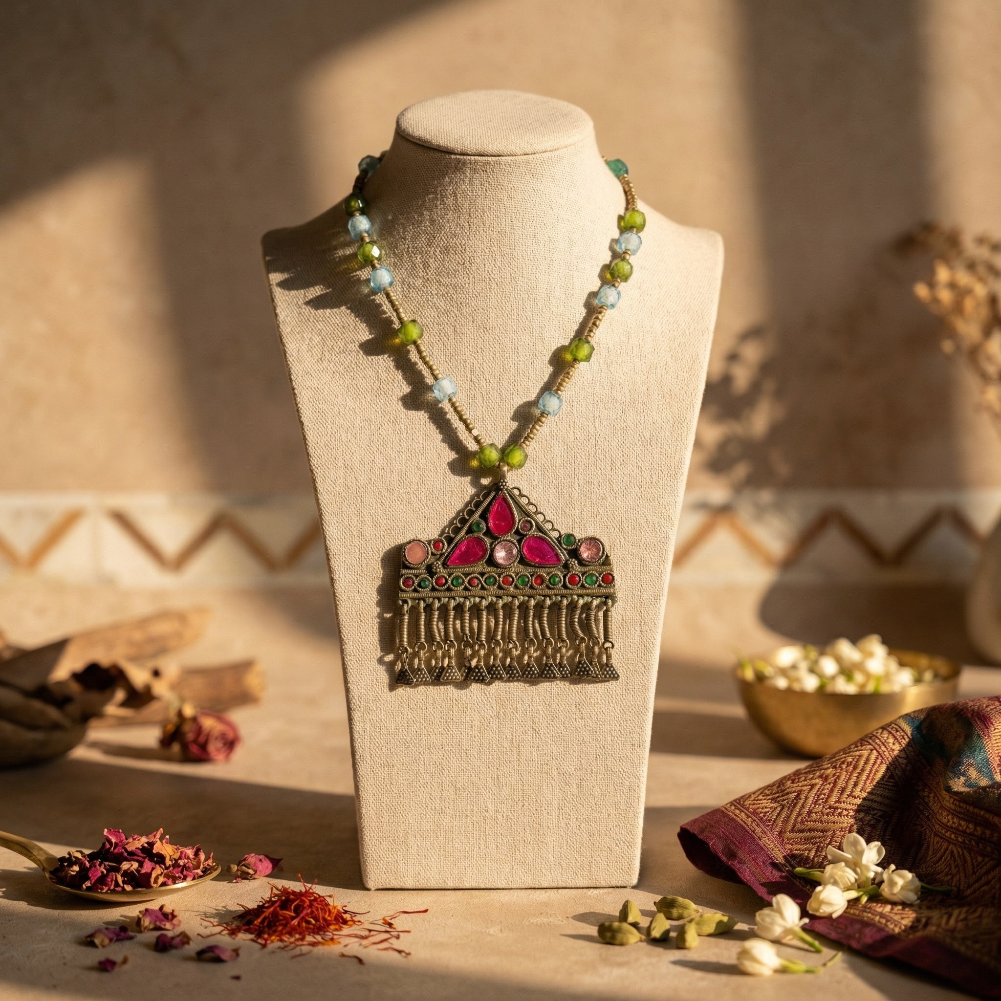 Decorative necklace on a mannequin bust with a warm, earthy background