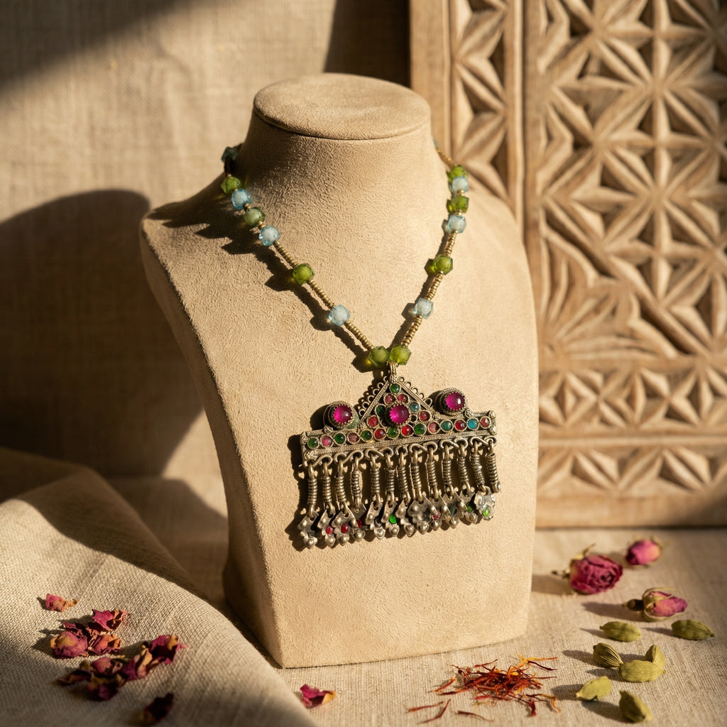 Decorative necklace on a beige stand with dried flowers and a textured wall background