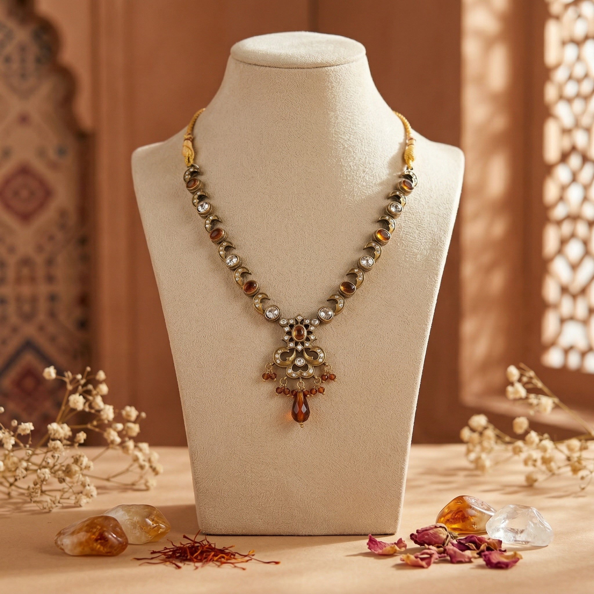 Amber gemmed necklace on a mannequin bust with decorative elements on the counter with a warm-toned background.