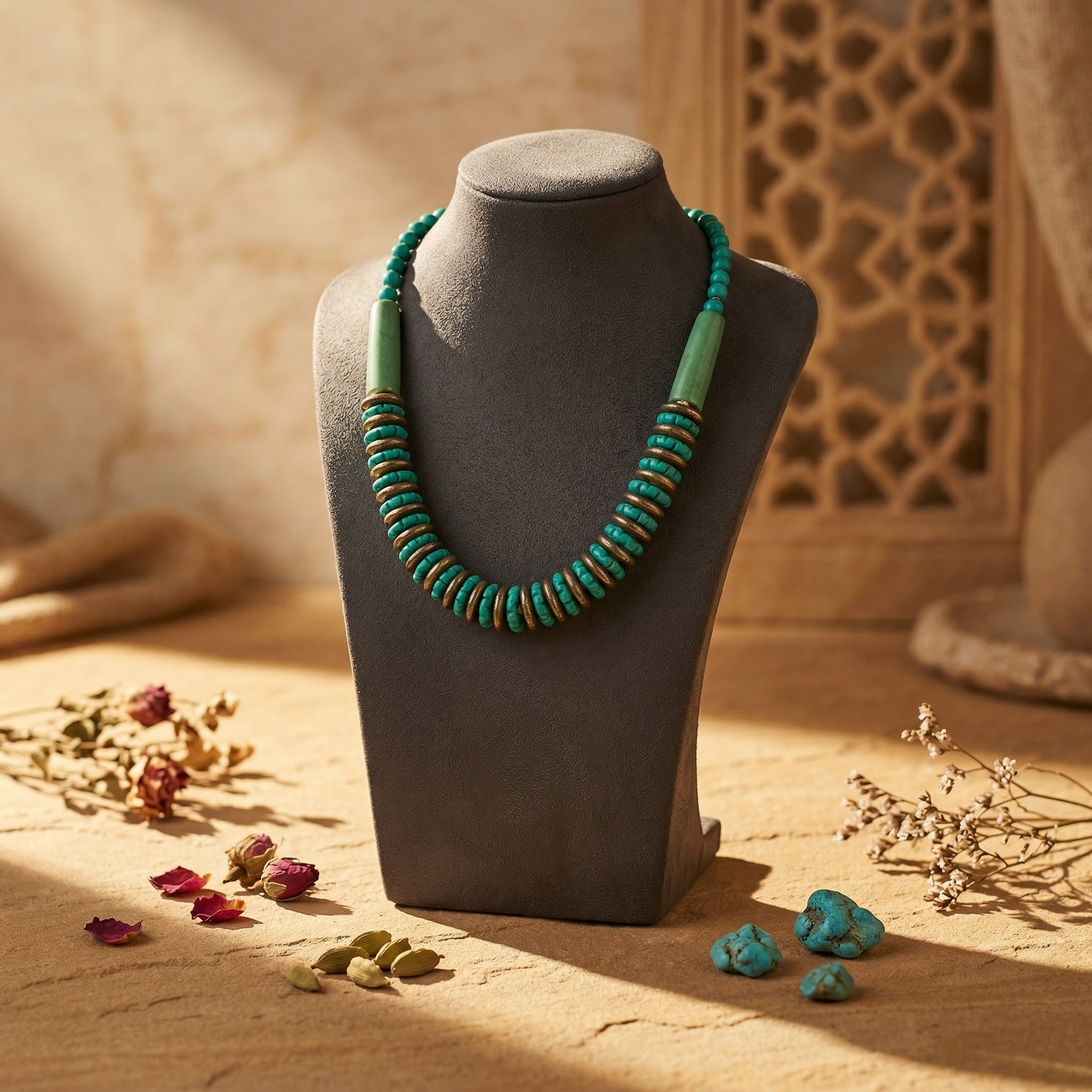 Turquoise beaded necklace on a gray/black mannequin bust with dried flowers on a stone surface.