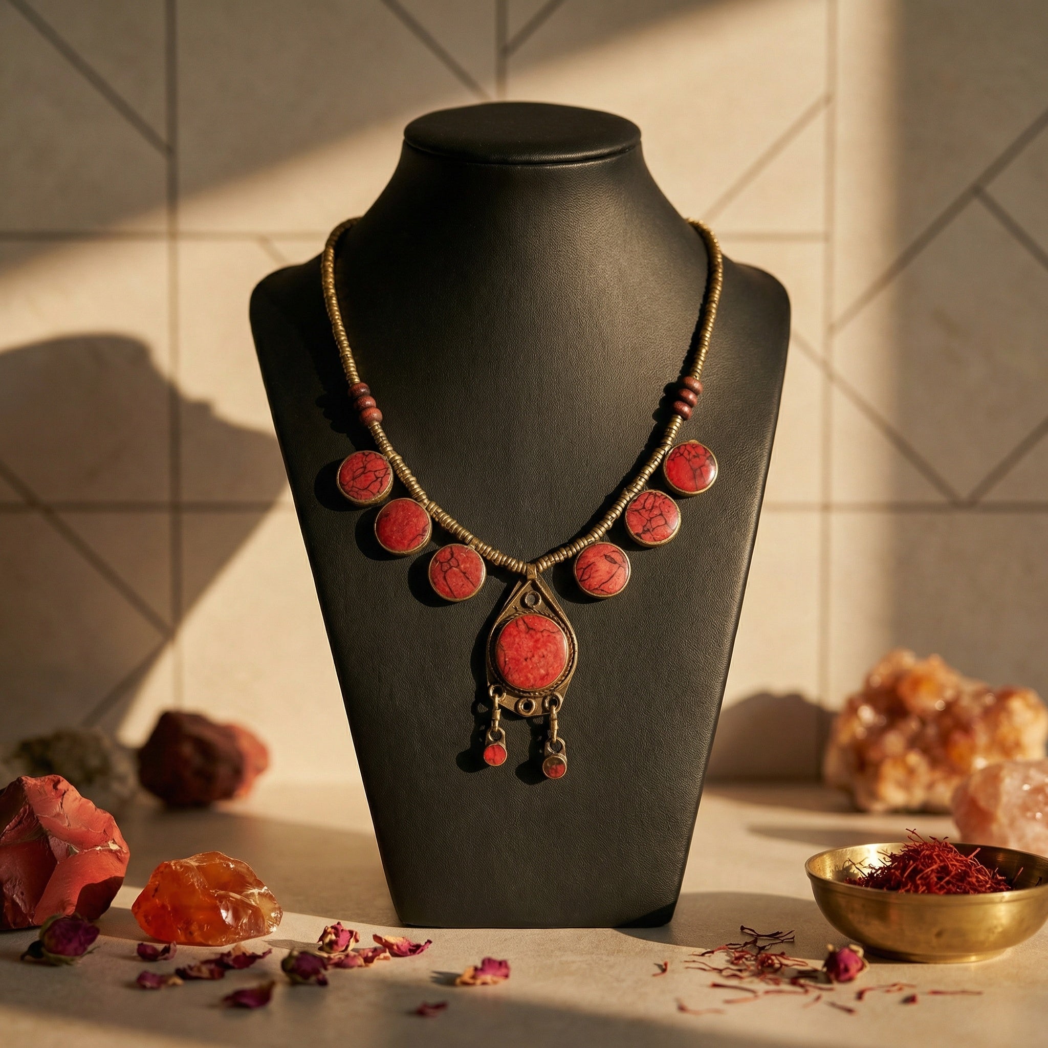 Necklace with red stones on a black mannequin bust against a tiled wall.