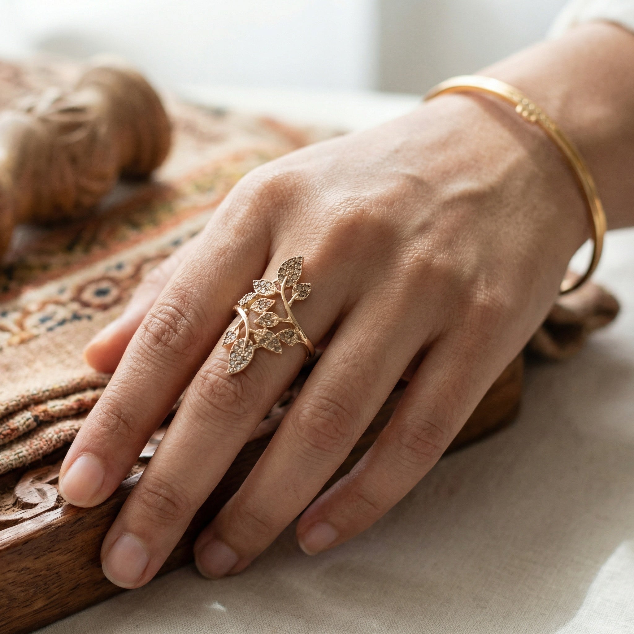 Gold Vine Ring with Pavé Leaf Motif