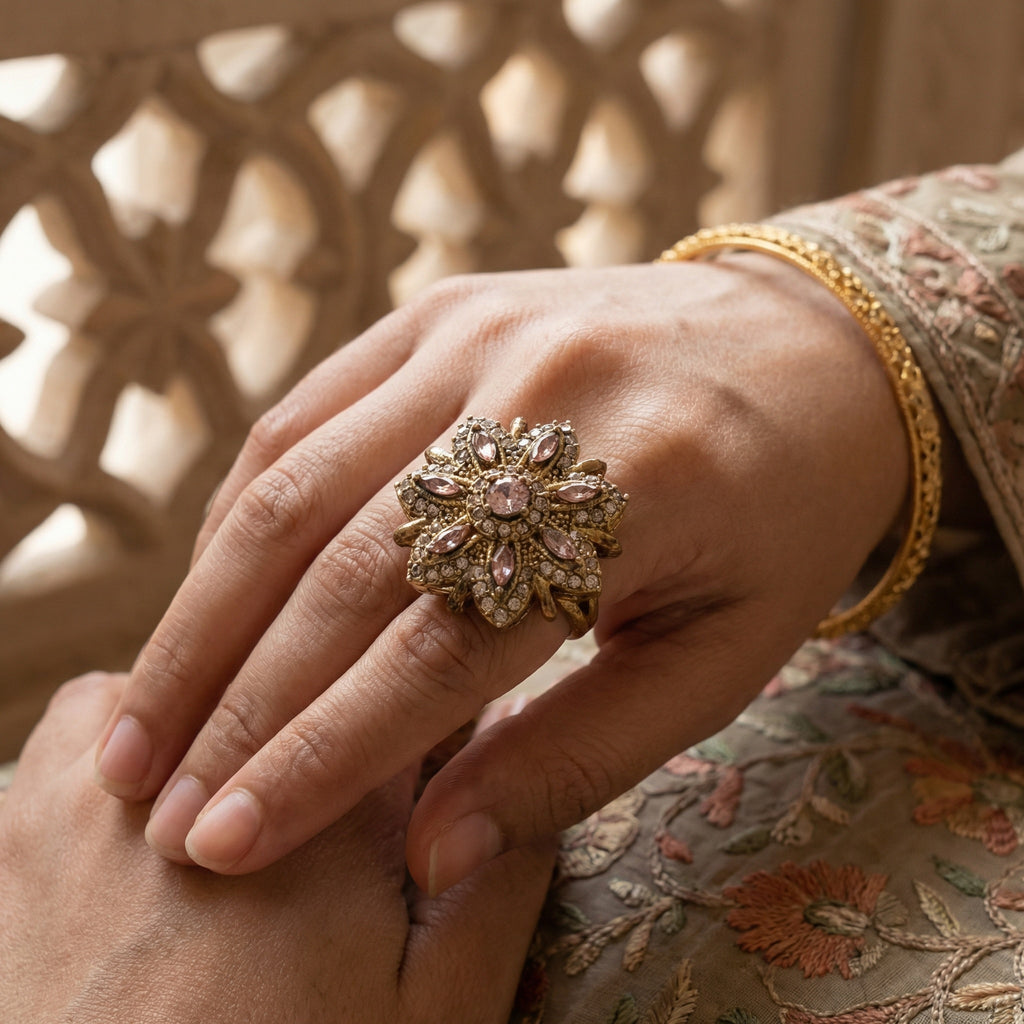 Close-up of a hand wearing a decorative ring with intricate design, against a blurred background.