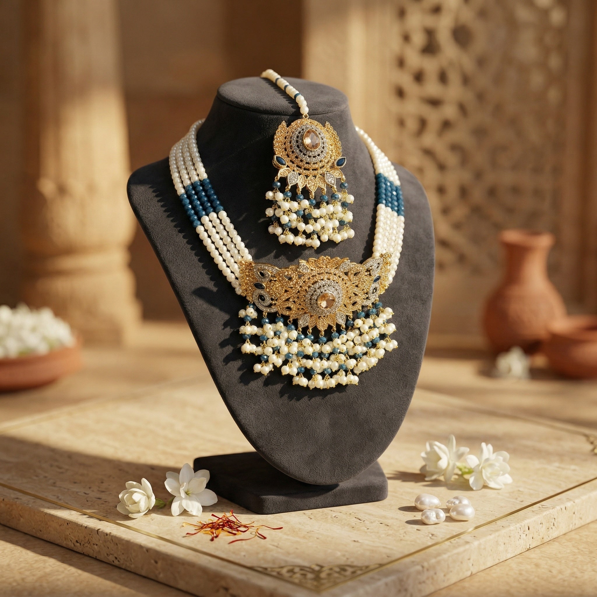 Blue and Gold and White Tikka set with Necklace on a black mannequin bust on a stone plate with stone background.