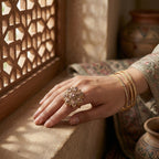 Hand with a decorative ring and bracelets resting on a textured surface with a window and vase in the background.