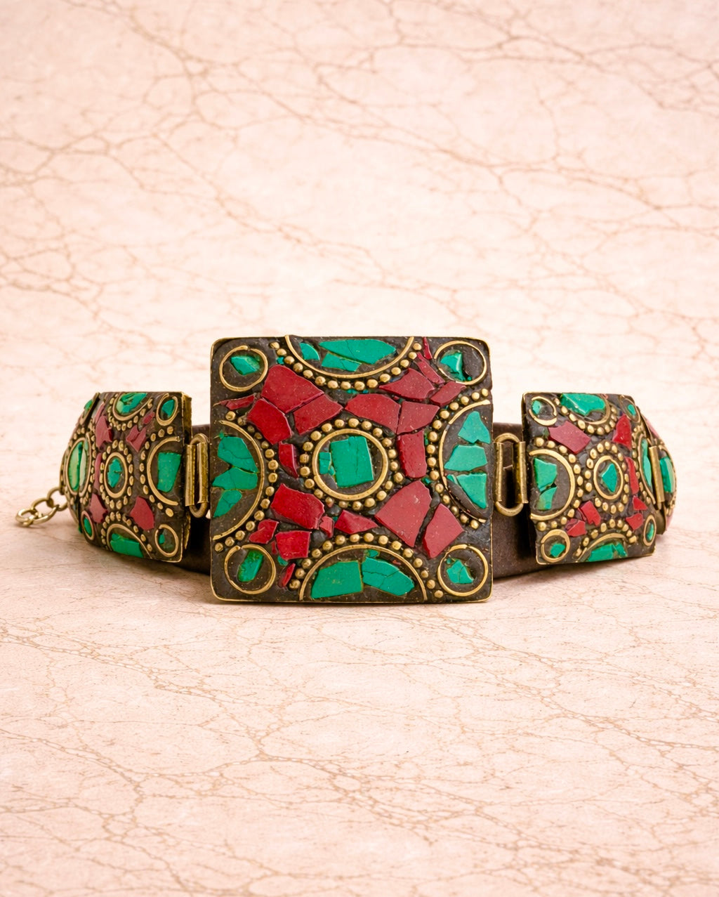 Hand-Inlaid Brass Square Medallion Bracelet