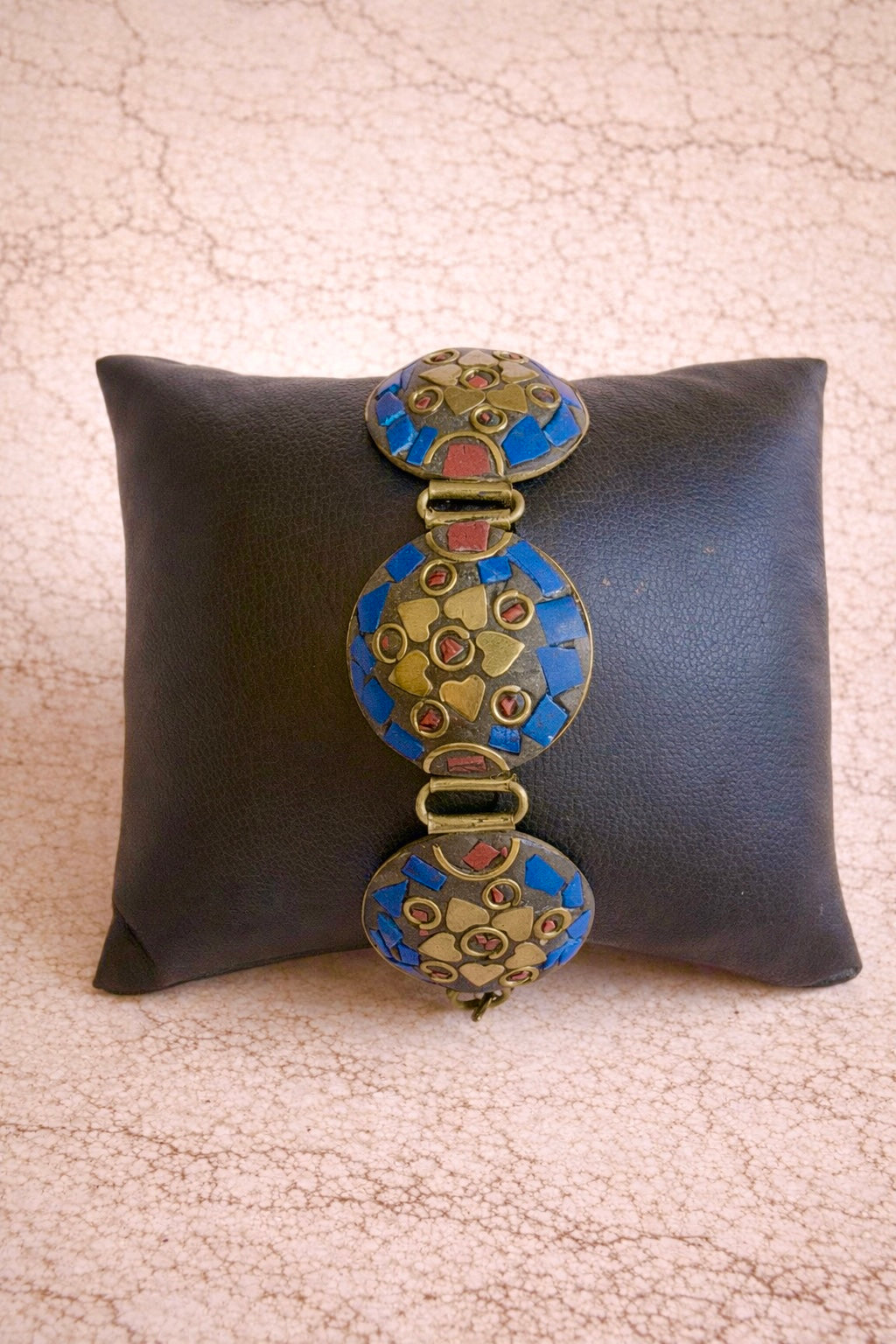 Hand-Inlaid Medallion Bracelet with Lapis and Crimson Accents