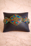 Hand-Inlaid Brass Mosaic Cuff with Turquoise Lapis & Red Stone