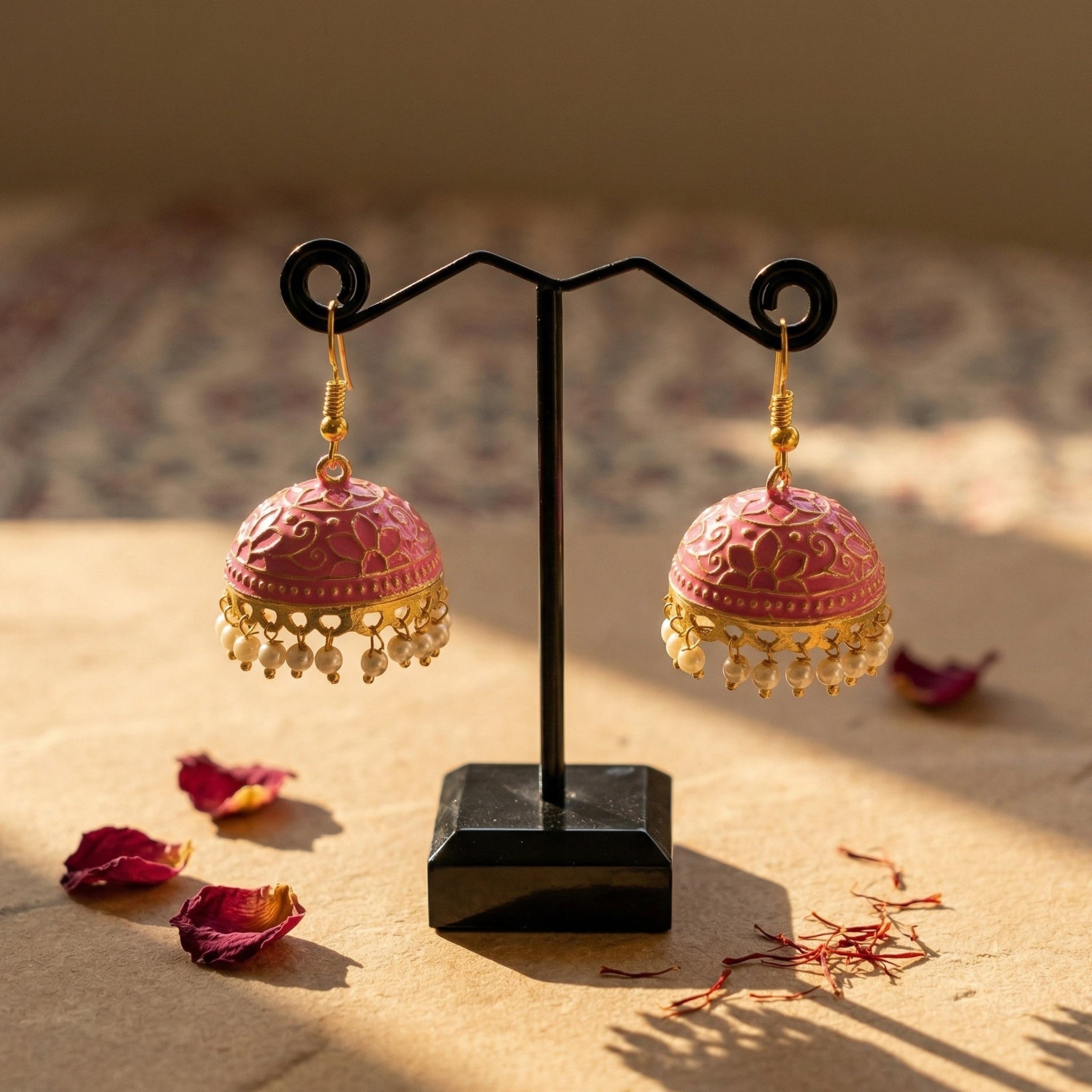 Pink and gold Jhumka Earrings on a black stand with dried flowers on a textured surface